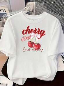 Simple And Versatile Design, Casual Shirt For Women In Sweet Cherry Red, Women's Top In Cherry Red, New Women's T-Shirt, Pure Cotton T-Shirt. - 白色 - 查看 1