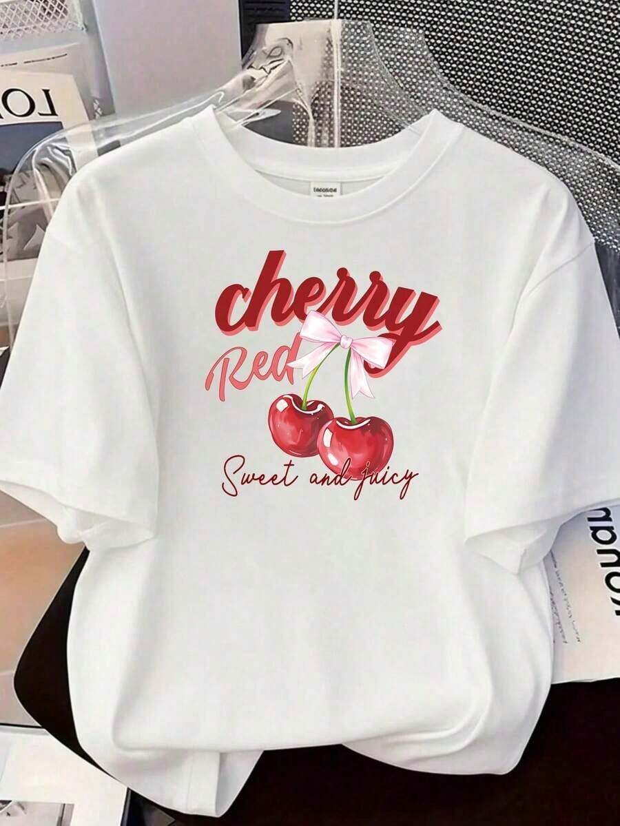 Simple And Versatile Design, Casual Shirt For Women In Sweet Cherry Red, Women's Top In Cherry Red, New Women's T-Shirt, Pure Cotton T-Shirt. - 白色 - 查看 1