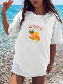 Camiseta Premium para Mujer - "Paraíso Cítrico de Pomelo" - Casual de Playa, Cómoda, Estampada, Ecológica - Blanco - Ver 1