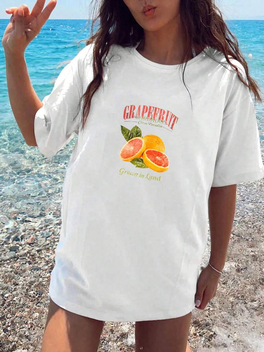 Camiseta Premium para Mujer - "Paraíso Cítrico de Pomelo" - Casual de Playa, Cómoda, Estampada, Ecológica - Blanco - Ver 1