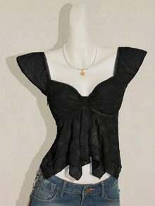 Top sin mangas con volantes, escote con pliegues, ajuste ceñido, parches de malla sexy, espalda con lazo, top casual de vacaciones - Negro - Ver 4