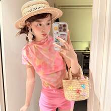Sexy swimsuit women's 2026 new printed T-shirt looks thin and beautiful, cute, small breasts split, flat angle hot spring vacation - ピンク(高品質) - チェックする 3