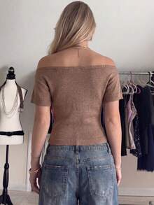 Women's New Off Shoulder Knit Top, Sexy & Suitable For Vacation, Summer - Brownish-brown - View 5