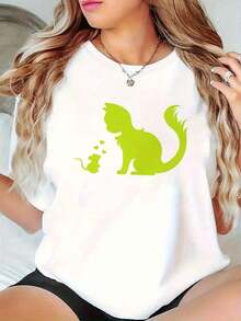 Suelto |   1 Playera para Mujer 100% Algodón Transpirable | Camiseta de Mujer con Estampado Gráfico de Gato y Ratón Blanco - Suave, Elástica, Transpirable, Cuello Redondo, para Uso Casual, Gimnasio y Aire Libre - Ajuste Cómodo para Todas las Temporadas, Lavable a Máquina, Camisetas para Mujer, Camiseta de Corte Relajado, Camiseta de Tela Elástica, Atuendo Diario, Diseño Divertido, Material Cómodo, Top de Manga Corta, Ideal para el VeranoCotton Women's T-shirt, Breathable and Sweat-absorbent Summer Short Sleeve - Blanco - Ver 7