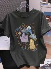 Camiseta gráfica de manga corta con cuello redondo y estampado de monstruos casual para mujer - Gris - Ver 9