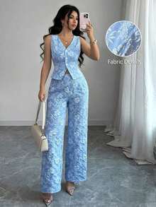 Elenzya Conjunto de 2 piezas de chaleco y pantalones azules de estilo elegante y casual para uso diario y de negocios, con estampado de margaritas africanas y relieve de jacquard, para mujer - Azul - Ver 1
