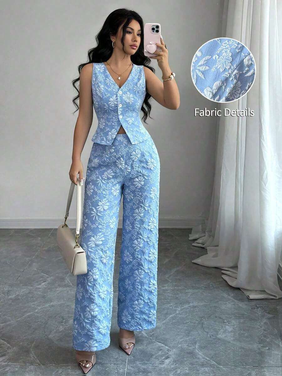 Elenzya Conjunto de 2 piezas de chaleco y pantalones azules de estilo elegante y casual para uso diario y de negocios, con estampado de margaritas africanas y relieve de jacquard, para mujer - Azul - Ver 1