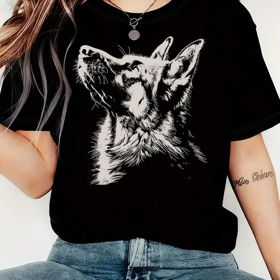 Stylish Clothes TShirt Featuring A White German Shepherd Illustration Casual Crew Neck Clothes, Perfect Fclothes Dog Lovers Soft Clothes Material Fclothes AllDay Comfclothest, Ideal Gift Fclothes Birthdays Clothes Spec - 黑色 - 查看 1