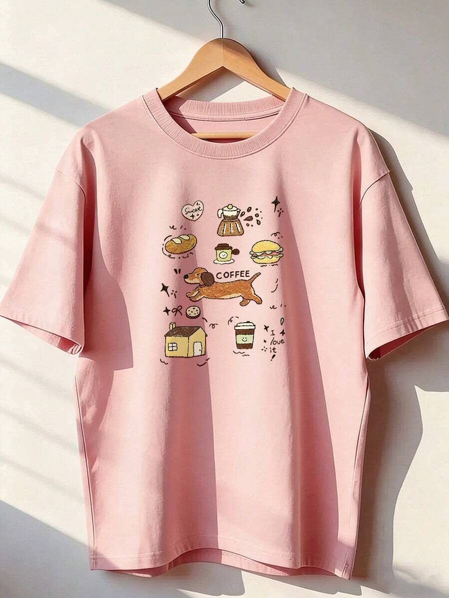 Cute And Relaxed Print Short-Sleeve T-Shirt, Fashionable Short-Sleeve T-Shirt For Spring And Summer 2026, Made In Mexico, 180 Grams. Cartoon Print, Couple Design, Suitable For Indoor Or Outdoor Wear. Crew Neck, Unisex, Ideal For Office And Leisure. One-Piece Pack. - PK-P631577SLNDXZGY444 - 查看 1