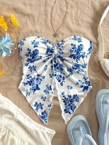 Top tubo con estampado floral azul y blanco para mujer, blusa de gasa cómoda, adecuada para el té de la tarde, graduación y capas de invierno - azul real - Ver 7