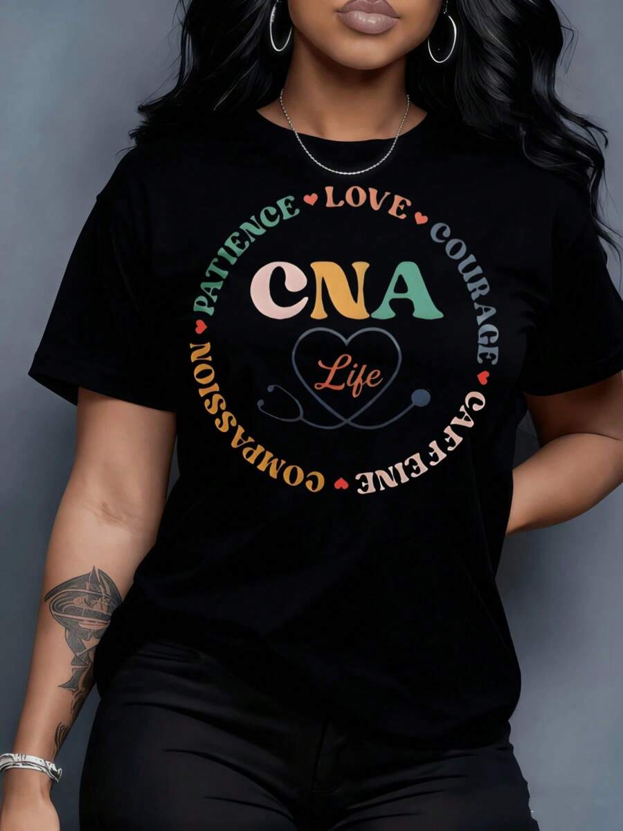 Cna Life T-Shirt With A Design Of Patience, Love, Courage, Compassion, Care And Attention For Certified Nursing Assistants, Ideal For Home, Outdoor Activities, Valentine's Day Gift Or Parties. - 黑色 - 查看 1