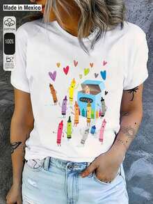 Soft 100%cottonSoft 100%cottonT-shirtCamiseta informal de verano para mujer con estampado de crayones de dibujos animados, cuello redondo, manga corta, 100 % algodón, 220 g de algodón gruesoBreathable Cotton Tee, All Matchcoolcool - Blanco - Ver 7