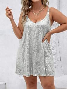 Vestido mini suelto sin mangas con lentejuelas de moda, vestido de fiesta versátil y elegante de escote en V, estilo europeo y americano para el verano - Plateado - Ver 2