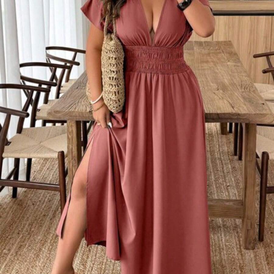 Clasi Plus Size Women Deep V-Neck Solid Short Sleeve Ruched Waist Sexy Vacation Dress - Color caoba - Ver 1