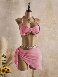 Bellisia Conjunto de tankini de mujer con tirantes finos, patrón de onda beige con decoración de concha marina y estrella, para primavera/verano/otoño, conjunto de ropa de vacaciones para mujer, traje de baño de bikini con cobertura, conjunto de ropa de verano para mujer de 2 piezas - Rosa - Ver 3