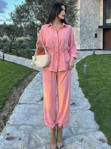 Conjunto de 2 piezas para mujer, unicolor, blusa casual holgada con cuello vuelto y cordón, manga 7/8 + pantalones de pierna ancha con cintura elástica, para verano - Rosa - Ver 3