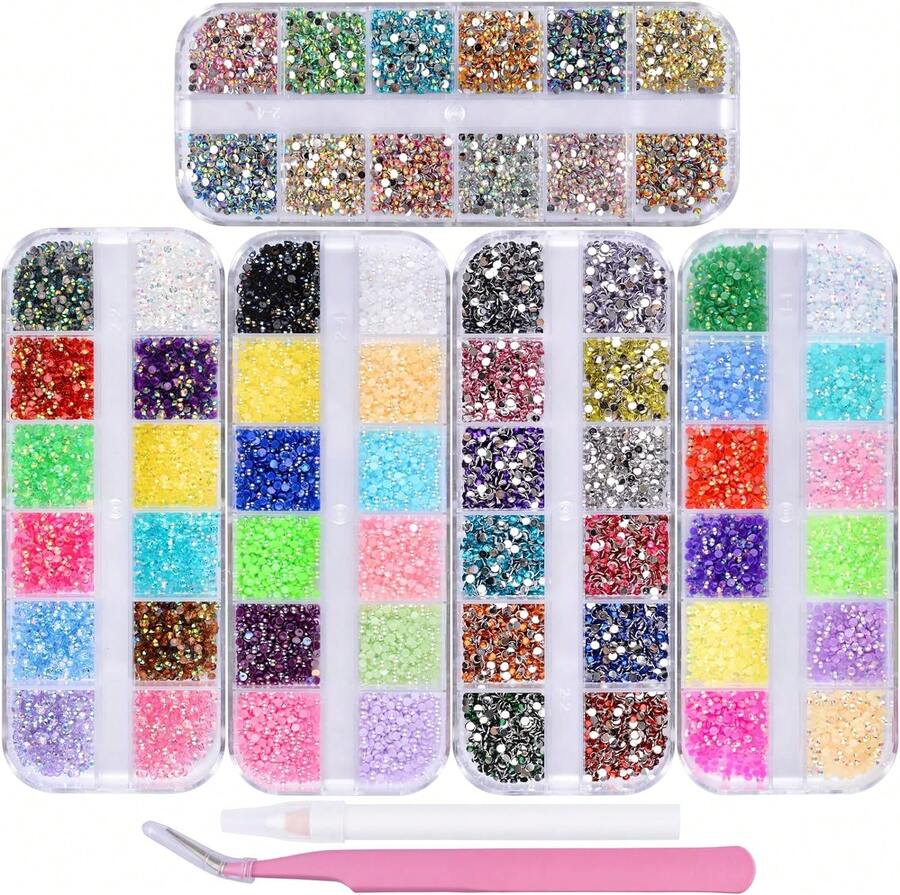 Kikonoke 5 Boxes Nail Art Rhinestones Half Pearls Kit 3D Flatback Jelly Crystal Gems Diamantes Design For Crafts Face Clothes Clothes Glass Decorations DIY (60 Colors 2mm) - Màu A - Xem 1
