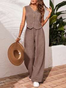 Frenchy Set de 2 piezas para mujer de top sin mangas y pantalones de estilo casual con un solo botón, para verano - Café integral 2 - Ver 3