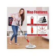 Spin Mop And Bucket, Mop And Bucket With Wringer Set 360° Spinning Mop Bucket With 3 Microfiber Mop Heads 61" Telescoping Handle For Office And Home Floor Cleaning (Black) - Đen - Xem 5