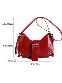 1pc White PU Leather Y2K Gothic Style Rivet Decor Shoulder Bag, Retro Fashion, Suitable For Daily Commute, Crescent-Shaped Tready Ladies Handbag - Red - View 5