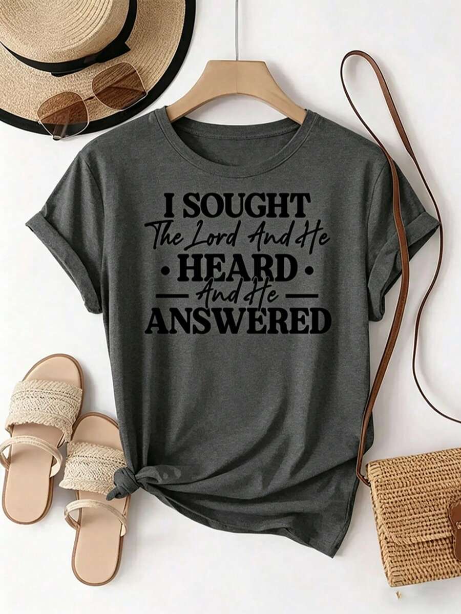 Printed With The Text Pattern "I Sought The Lord, And He Heard Me And Answered Me". Women's Casual Daily Crew Neck Short-Sleeve Fashionable Sports T-Shirt With Printed Pattern And Comfortable To Wear; Women's Grey Short-Sleeve T-Shirt - 深灰色 - 查看 1