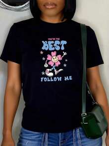 Camiseta informal de mujer con estampado de flores de dibujos animados Camiseta oversize informal para mujer con estampado floral Walking Cartoon Camisetas de Mujer - Negro - Ver 8