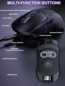 AULA SC580 Ultra-Light Wireless Gaming Mouse, With RGB Lighting, 3 Modes (Bluetooth/2.4G/Type-C), 10000 DPI, Long Battery Life, Ergonomic Design, Suitable For PC And Laptop - View 7