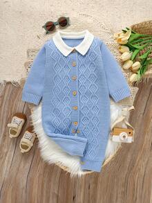 1pc Baby Knitted Long Sleeve Jumpsuit, Baby Boy Peter Pan Collar Cable Knit Jumpsuit, Unisex Baby Simple Versatile Outing Jumpsuit Crawler, Front Button Design Easy Diaper Change, Soft And Skin-Friendly - Blue - View 11