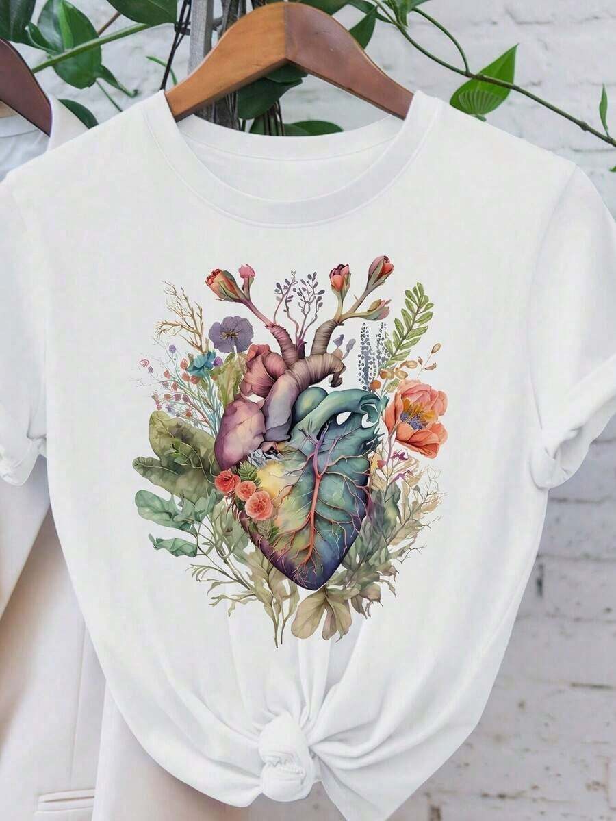 Camiseta de Mujer con Estampado Floral de Corazones, Top Casual de Cuello Redondo, Tejido de Punto 100% Poliéster, Camiseta con Patrón de Plantas para las Cuatro Estaciones, Regalo para Ella, Transpirable y Cómoda - Blanco - Ver 1