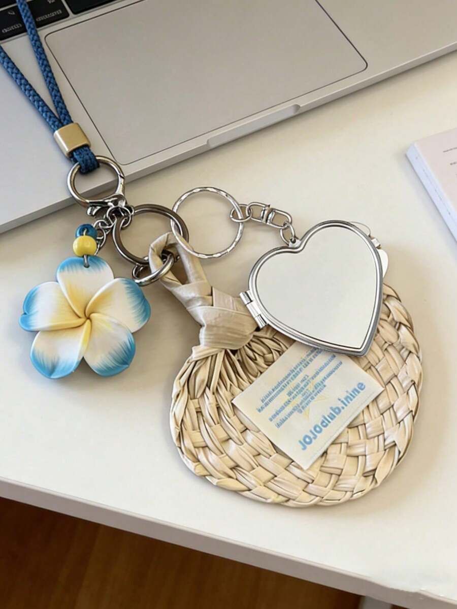 1pc Summer Fan Shaped Heart Mirror Pendant, Hawaiian Style Pendant, Fresh Fan Accessory, Portable Makeup Mirror Keychain, Summer Phone Charm, Car Hanging Decor, Bag Charm, Essential For Fashion Lovers, Suitable For Beach, Travel, Summer Vacation And Daily Life, Perfect Gift For Birthday, Travel, Party, Wedding, Holiday - Multicolor - View 1