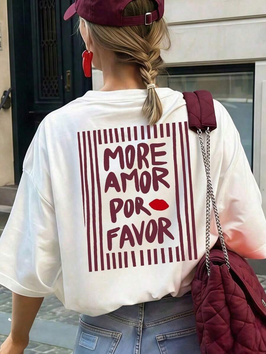 Women's Short-Sleeved T-Shirt With A Retro "More Love Please" Print, Spanish Aesthetic Style, Loose Fit, Round Neck, Casual Top, Suitable For Everyday Wear, Streetwear, Summer Outings, And Vacations. White. 100% Cotton. - 白色 - 查看 1