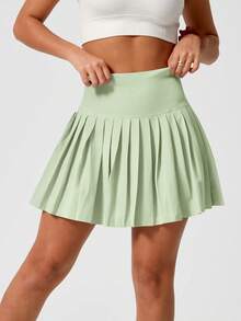 Leorrey 1 pieza Falda mini plisada de unicolor, cómoda y sin costuras, de cintura alta, antideslumbrante, para uso casual, tenis, entrenamiento y running para mujeres - Verde - Ver 8