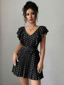 Vestido elegante y romántico para vacaciones con cuello en V con volantes, cintura ceñida y estampado de lunares en forma de línea A para mujeres - Multicolor 7 - Ver 3