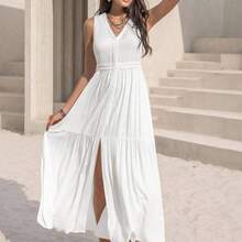 Long Sleeveless Casual Vacation Dress With Lace Collar, Suitable For Bohemian, Beach, Tropical Resort Occasions, New Year Party Outfit White Summer Elegant - Naranja - Ver 5