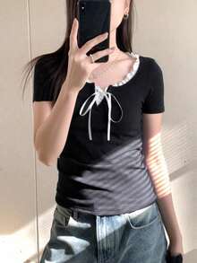 女士休闲T恤，荷叶边饰边，前系带，春夏款，黑色 - 黑色 - 查看 3