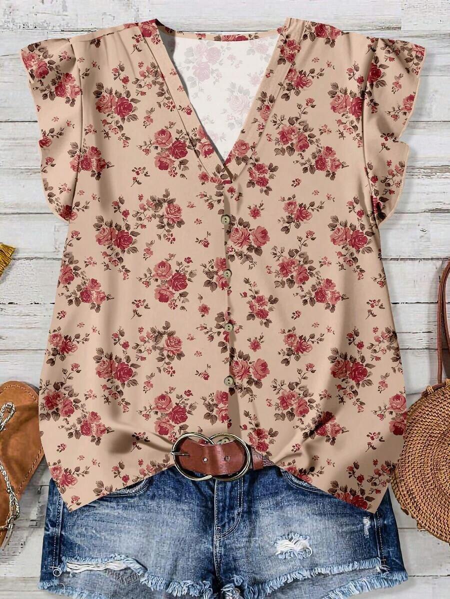 Camisa casual de vacaciones para mujer, diseño minimalista adecuado para el verano, blusa con estampado floral diminuto, camisa de verano para mujer, conjunto de vacaciones para mujer - Multicolor - Ver 1