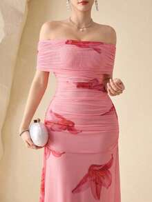 Vestido elegante de mujer con hombros descubiertos y cintura fruncida, perfecto para bodas, citas y ocasiones - Rosa 2 - Ver 5