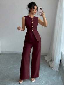 Traje casual/de trabajo elegante de mujer con decoración de botones florales - Burdeos - Ver 4