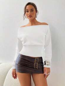 Suéter morado de manga larga, cuello asimétrico y hombros descubiertos, de punto ajustado para mujer, para otoño/invierno - Blanco - Ver 3