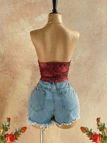 Top sin espalda con cuello halter y textura vintage para mujer, verano - Rojo - Ver 2