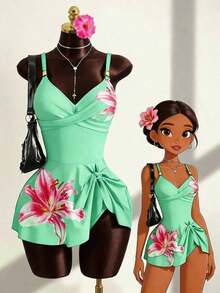 Conjunto de bikini de 2 piezas con estampado floral, accesorio de metal y correa ajustable, de caliente para vacaciones de primavera/verano y playa - Verde - Ver 9