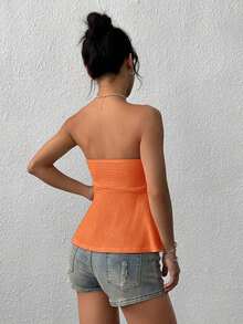 Camiseta de tirantes elegante de estilo francés de punto color albaricoque para mujer, adecuada para citas y vacaciones - Naranja - Ver 2