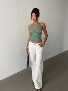 delgado de mujer de algodón con rayas, cuello alto y abotonadura sencilla, para otoño/invierno - Verde - Ver 5