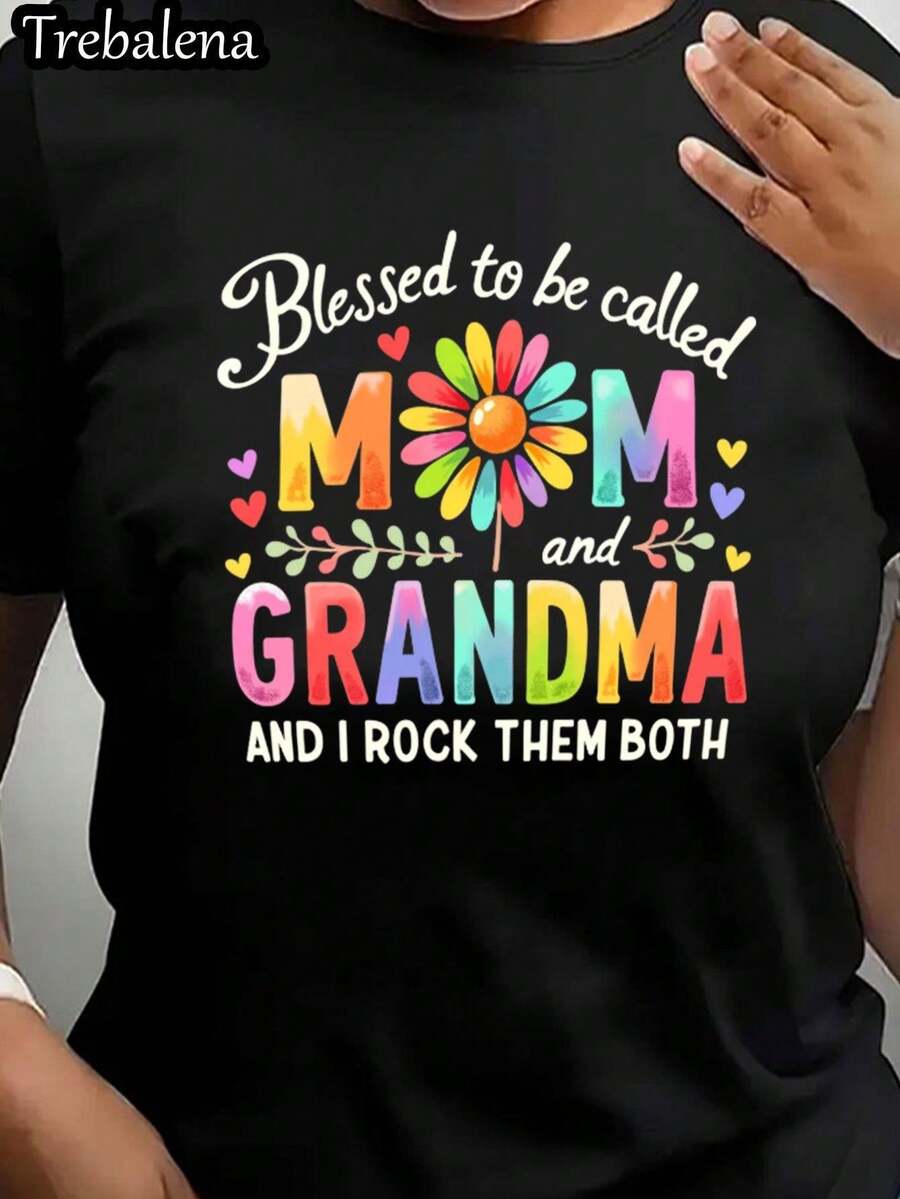 Camiseta de talla grande para mujer "Blessed to be a Mother & a Grandmother" - estampada con flores coloridas y las palabras "Mamá/Abuela", top casual de manga corta con cuello redondo suave, holgado y transpirable, regalo para el Día de la Madre, tallas 0XL-5XL (para uso diario en primavera, verano y otoño). - Negro - Ver 1