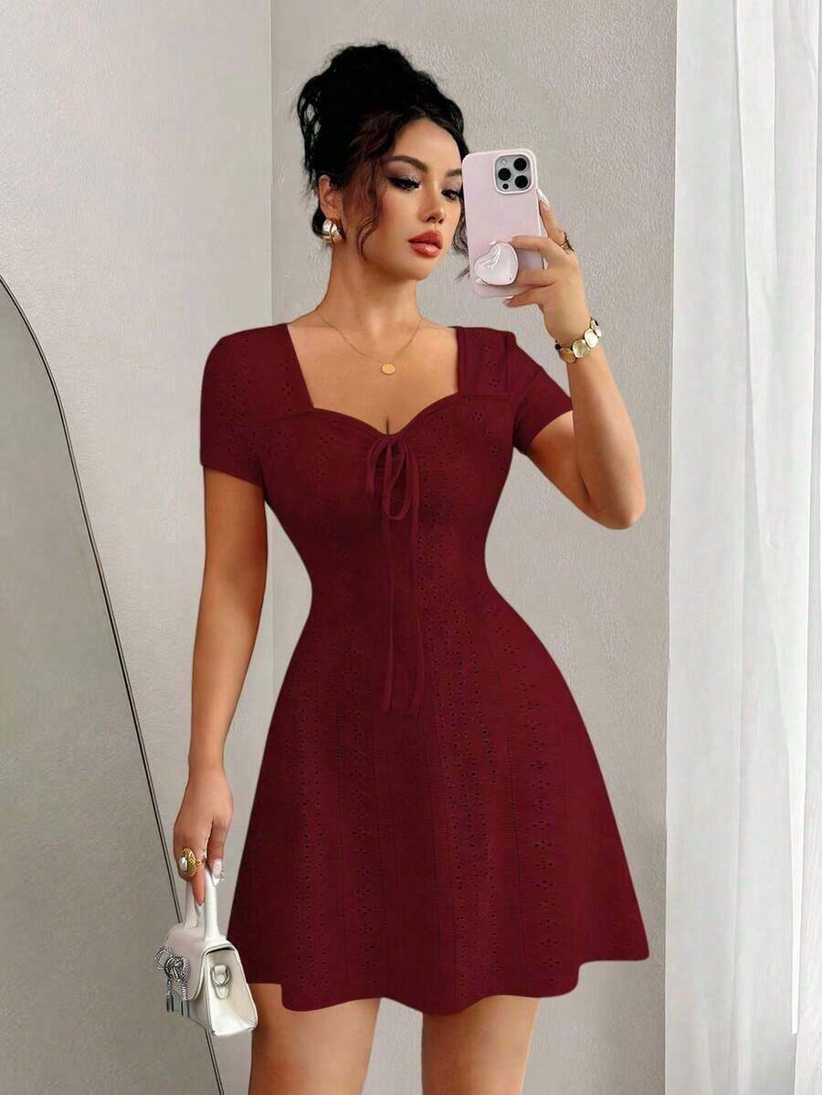 Nuevo vestido de verano con cuello cuadrado, cordón y lunares, con falda acampanada y cintura ceñida, vestido corto elegante para mujeres - Burdeos - Ver 1