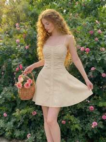 Vestido camisero corto con decoración de botones para mujer, amarillo pálido - Albaricoque - Ver 9