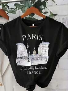 Women's T-Shirts 100% Cotton 2026Summer Paris Fashion Printed Round Neck Regular T-Shirt Korean Style - Black - View 8