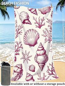夏季速干吸水超细纤维沙滩巾 | 70*140cm/90*180cm 可选 | 插画风格 白底红贝壳图案印花 | 便携式游泳/浴巾，可选配收纳袋，适用于沙滩、浴室、露营、健身、旅行 - 白色 - 查看 11