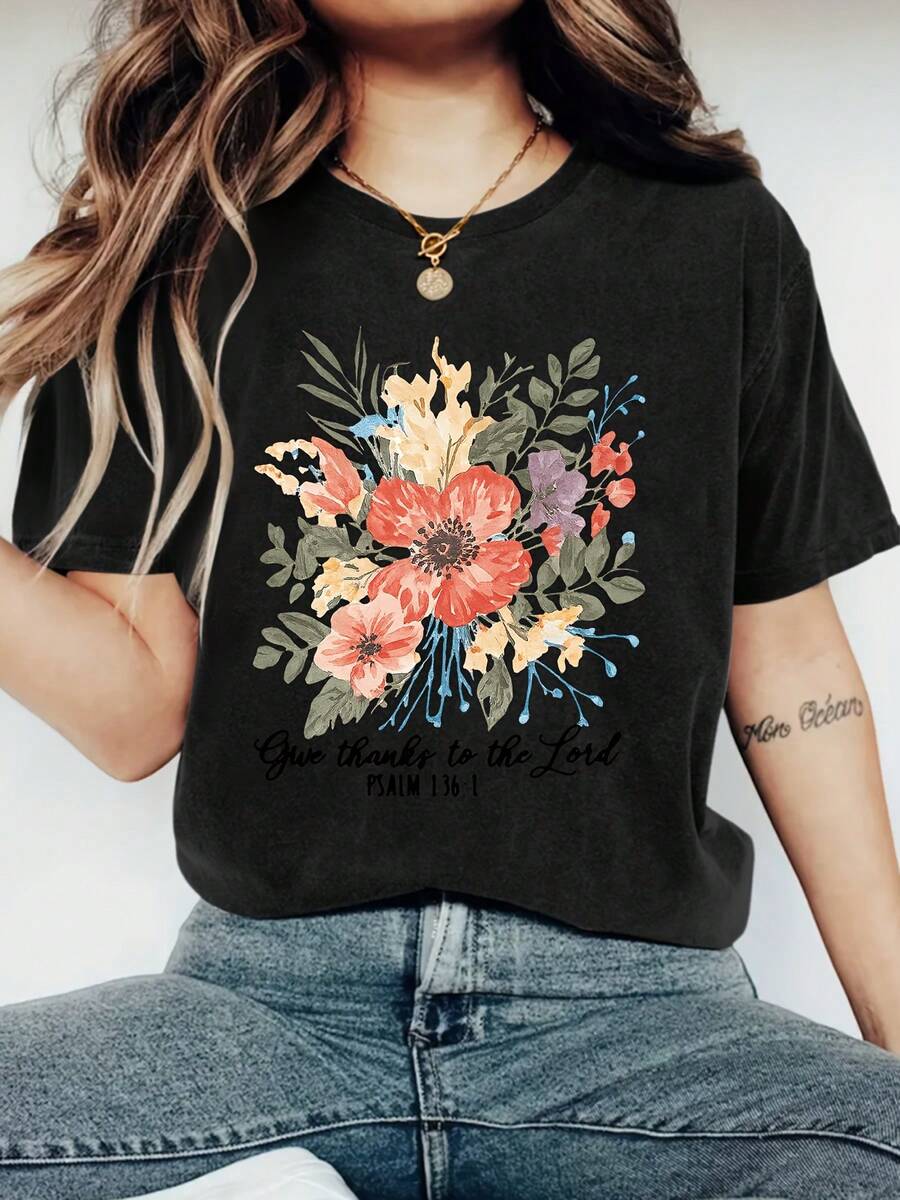 Women's Super Plus Size Casual Daily Fashion T-Shirt 180g Plus Size 4XL 5XL Street Retro Harajuku Style Printed Machine Washable Holiday Gift Women's Short Sleeve T-Shirt Family Friend Gift - 黑色 - 查看 1