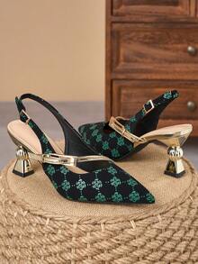 WHDXY 7cm Asymmetric Heel Chinese Style Green Floral Print Single Strap Pointed Toe Sandals, Elegant Mary Jane Shoes Suitable For Work And Party - Green - View 4